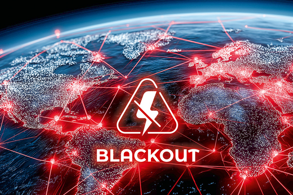 Weltkarte mit roten Linien und Text Blackout